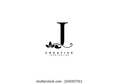 beautiful luxury logo design initial black letter J with gorgeous flourish ornament. monogram typography letter J with black leaf and floral ornament decoration