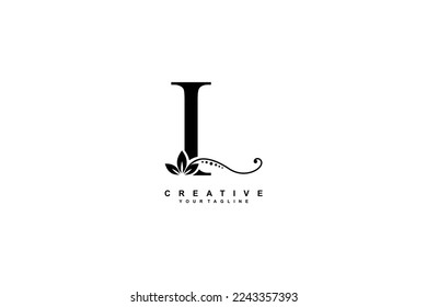 beautiful luxury logo design initial black letter I with gorgeous flourish ornament. monogram typography letter I with black leaf and floral ornament decoration