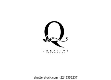 beautiful luxury logo design initial black letter Q with gorgeous flourish ornament. monogram typography letter Q with black leaf and floral ornament decoration