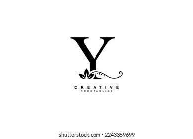 beautiful luxury logo design initial black letter Y with gorgeous flourish ornament. monogram typography letter Y with black leaf and floral ornament decoration