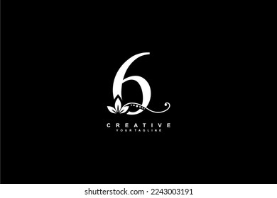 beautiful luxury logo design white number 6 with gorgeous flourish ornament. monogram typography number 6 with white leaf and floral ornament decoration