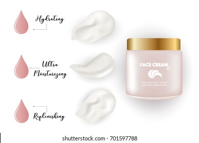 Beautiful luxury moisture face cream, pink jar mockup, creamy swatches, drops, advertising text, vector illustration. Realistic cosmetic promo concept isolated on white background.