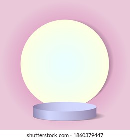 Beautiful luxury pink background with shapes and a pedestal to add your subject. Purple pedestal, yellow background behind the pedestal. 3d objects.