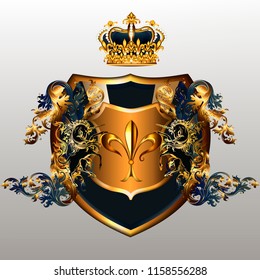 Beautiful luxury shield design with unicorns, swirls and crown