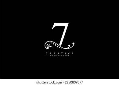 
beautiful luxury white number 7 logo design with flourish ornament. monogram 7. suitable for business logos, companies, products, housing, hotels, birthdays, celebrations, anniversaries, ages, etc.