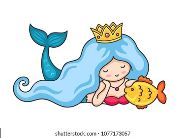 Beautiful lying dreamy mermaid with crown and long wavy blue hair. Vector illustration.