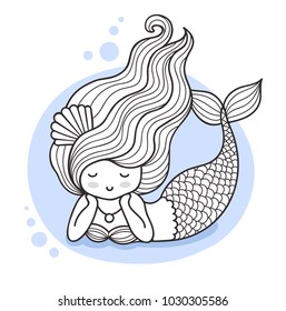 Beautiful lying dreamy mermaid. Cute cartoon character. Vector illustration for print, card, poster, t-shirt, coloring books.
