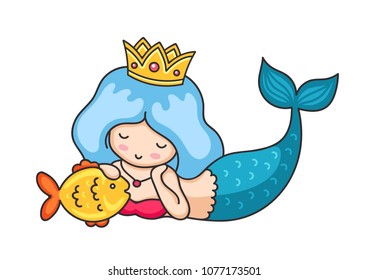 Beautiful lying dreamy mermaid with golden crown and hair. Vector illustration.