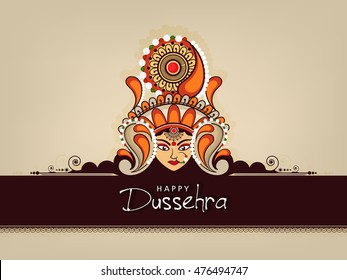 Beautiful Maa Durga Face with Floral Frame & Stylish text on Elegant background for Hindu Festival Happy Dussehra. 