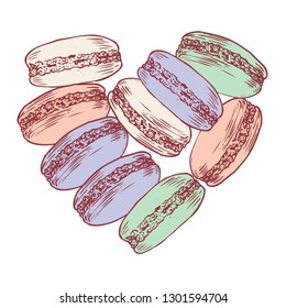 Beautiful macaroon concept. Colorful french macaroon cookies in heart shape on white background. Vector illustration for cards, menu and print.