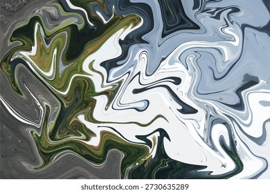 Beautiful macro view of chaotic paint marbling showcasing strong contrasting organic swirls of earthy greens against cool slate blues and bright white areas, creating an energetic, flowing, and dynamic visual surface impression.