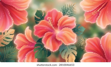 A beautiful macro view of vibrant orange and pink hibiscus blooms surrounded by tropical leaves.