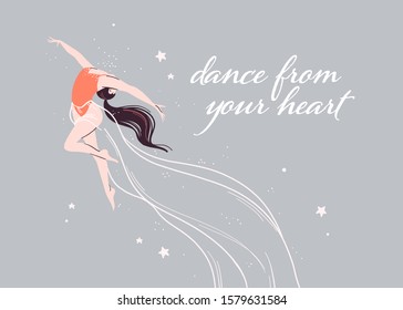 Beautiful magic banner with dancing ballerina girl isolated on light background. Flat cartoon style, pastel colors. For ballet learning, dance school, fairy party poster, card. Vector illustration.