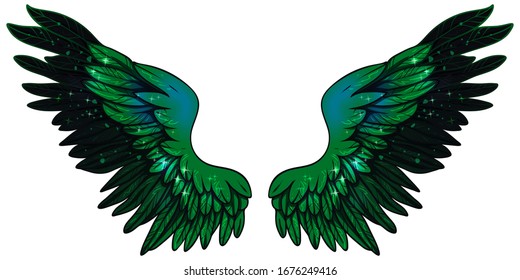 Beautiful magic bright fantastic glowing gradient green black vector wings 