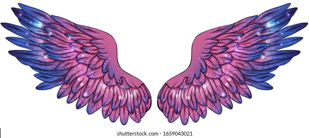 Beautiful magic bright glittery fuchsia wing with blue feathers, vector