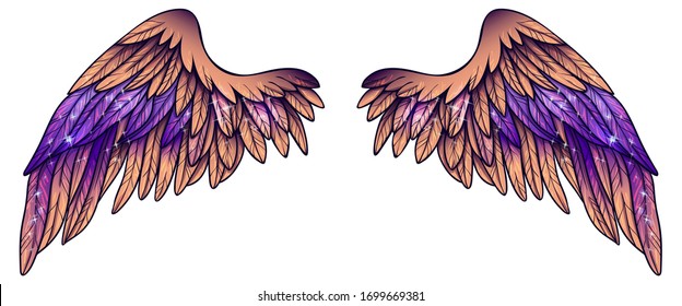 Beautiful magic bright glittery orange purple vector wings