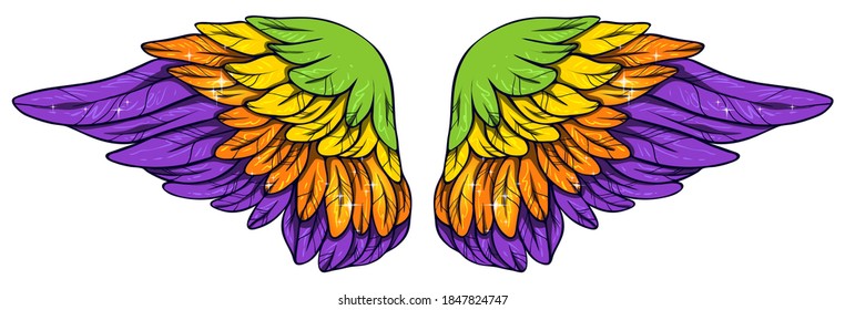 Beautiful magic bright glittery violet orange yellow green vector wings