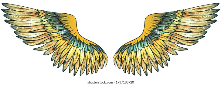 Beautiful magic bright golden yellow green glittery wings, vector