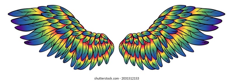 Beautiful magic bright rainbow wings, vector illustration