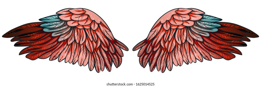 Beautiful magic bright reddish pink wings with turquoise feathers, hand drawn vector