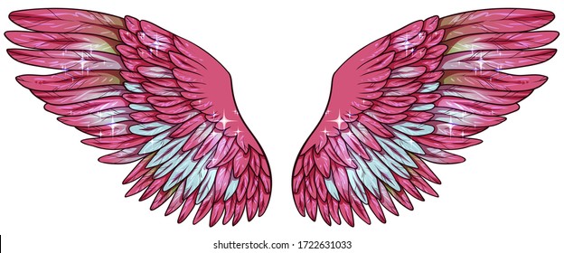 beautiful magic bright shiny fuchsia pink and light turquoise vector wings