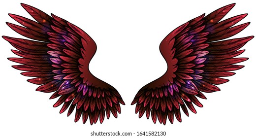 Beautiful magic bright shiny glittery red pink wings, hand drawn vector