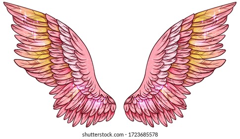 Beautiful magic bright shiny pink yellow vector wings