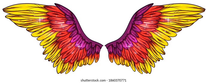 Beautiful magic bright shiny purple red yellow vector wings