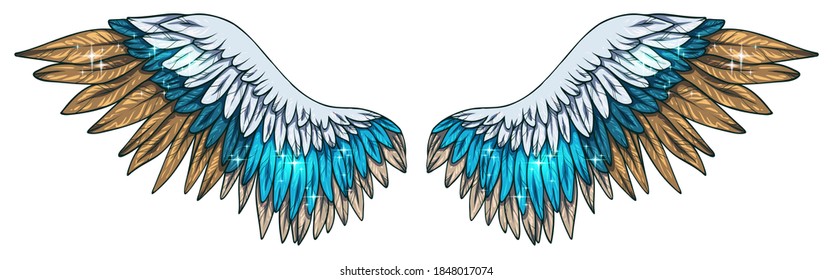 Beautiful magic bright turquoise beige vector wings