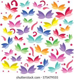 Beautiful magic butterflies pattern with red stars on the white background. Simple cute vector texture. Happy festival of spring and summer for any age group.