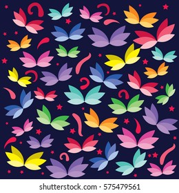 Beautiful magic butterflies pattern with red stars on the dark blue background. Simple cute vector texture. Happy festival of spring and summer for any age group.