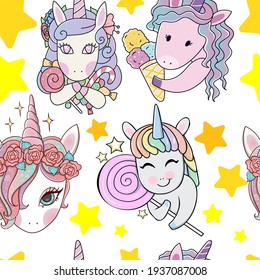 Beautiful magic candy unicorn pony stars seamless pattern. Suitable for textiles, packaging, wallpaper, etc. Objects isolated on background. Vector illustration.