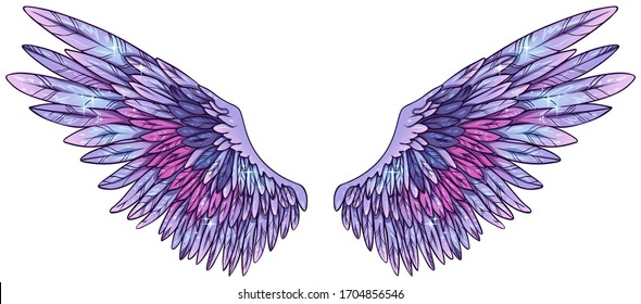 Beautiful magic colorful glowing angelic violet purple vector wings