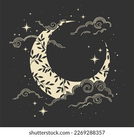 Beautiful magic crescent moon and clouds   leaves  Decorative boho elements  Tattoo design  Greeting cards  invitations  Isolated vector illustration 