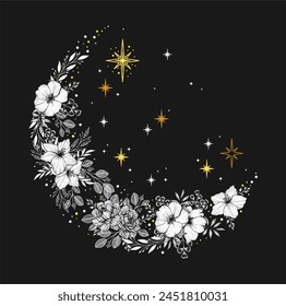 Beautiful magic crescent moon with flowers and leaves. Decorative boho elements. Greeting cards, invitations. Isolated vector illustration.