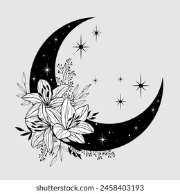 Beautiful magic crescent moon with flowers and leaves. Decorative boho elements. Tattoo design. Greeting cards, invitations. Isolated vector illustration.