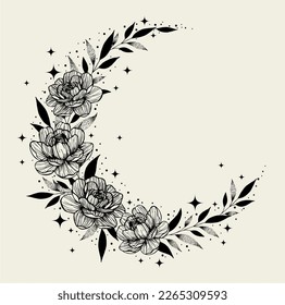 Beautiful magic crescent moon with peony flowers and leaves. Decorative boho elements. Tattoo design. Greeting cards, invitations. Isolated vector illustration.