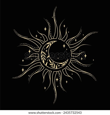 Beautiful magic crescent moon and sun. Decorative boho elements. Tattoo design. Greeting cards, invitations. 