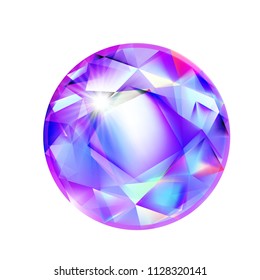 Beautiful magic diamond. Ultra violet gemstone with glares. Expensive design element. Colourful brilliant icon.  Vector royal stone.