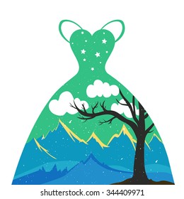 Beautiful magic dress with amazing fairytale landscape inside. Mountains, fields, tree, cloudy and starry sky. The dress for the princess and dreamer. Vector children illustration
