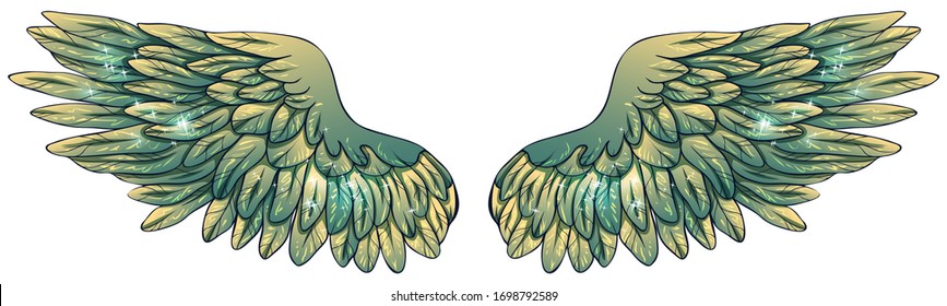 Beautiful magic elvish glowing glittery green yellow vector wings