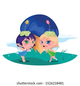 beautiful magic fairies in camp vector illustration design