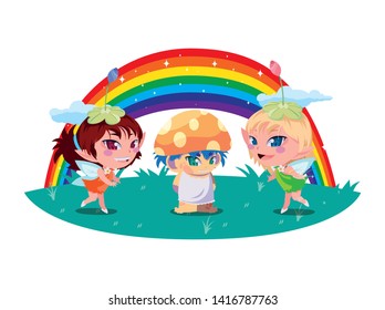 beautiful magic fairies with fungu elf and rainbow