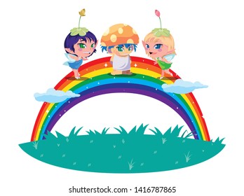 beautiful magic fairies with fungu elf and rainbow