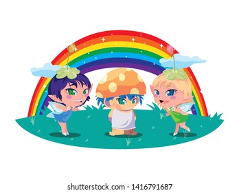 beautiful magic fairies with fungu elf and rainbow