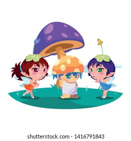 beautiful magic fairies with fungu elf in the garden