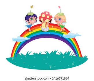 beautiful magic fairies with fungu elf and rainbow