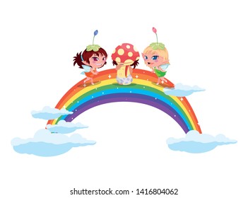 beautiful magic fairies with fungu elf and rainbow