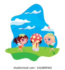 beautiful magic fairies with fungu elf in the garden