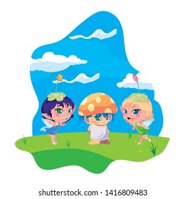 beautiful magic fairies with fungu elf in the garden